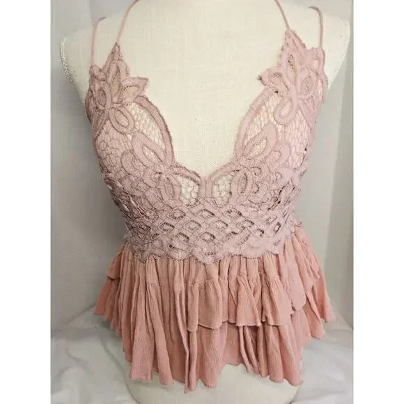 Free People Adella Cami Tank Top Womens M Mauve Lace Boho Tiered Flowy Romantic - Picture 14 of 15